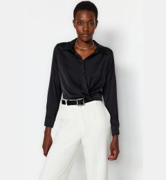 Снимка на Trendyol Black Crop Shirt Collar Satin Woven Blouse