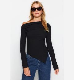 Снимка на Trendyol Black Draped Boat Neck Asymmetrical Knitted Blouse