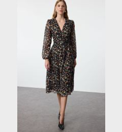 Снимка на Trendyol Black Floral Belted A-Line Midi Double Breasted Collar Patterned Chiffon Woven Dress