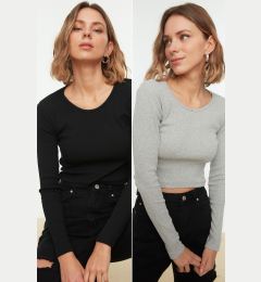 Снимка на Trendyol Black-Grey 2 Pack Fitted Wide Collar Ribbed Flexible Crop Knitted Blouse