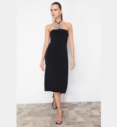 Снимка на Trendyol Black Lined Knitted Elegant Evening Dress with Shiny Stone Accessories