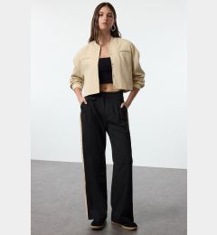 Снимка на Trendyol Black Linen Look Wide Leg Trousers with Side Stripe Detail