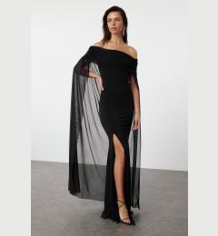 Снимка на Trendyol Black Long Knitted Tulle Cape Detailed Elegant Evening Dress