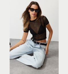 Снимка на Trendyol Black Mesh Short Sleeve Crop Knitted Blouse