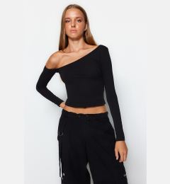 Снимка на Trendyol Black One-Shoulder Cotton Elastic Fitted/Situated Crop Knitted Blouse