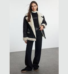 Снимка на Trendyol Black Oversize Belted Quilted and Plush Detailed Faux Leather Biker Jacket Coat