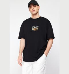 Снимка на Trendyol Black Oversize/Wide Cut Short Sleeve Landscape Embroidered 100% T-Shirt