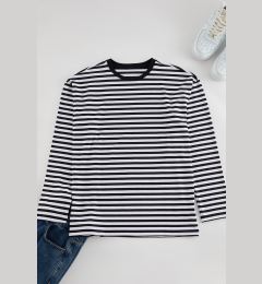 Снимка на Trendyol Black Oversize/Wide Cut Striped Crew Neck Long Sleeve Cotton T-Shirt