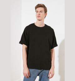 Снимка на Trendyol Black Oversize/Wide Cut Text Printed Short Sleeve 100% Cotton T-Shirt