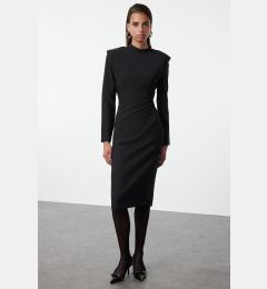 Снимка на Trendyol Black Padded Shoulder Detailed Stand Collar Fitted/Fits Body Midi Woven Dress