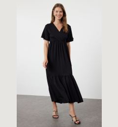 Снимка на Trendyol Black Plain Maxi Double Breasted Skirt Ruffle Textured Short Sleeve Flexible Knitted Maxi Dress Knit Dress