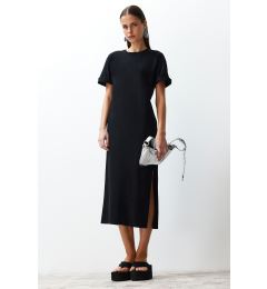 Снимка на Trendyol Black Plain T-shirt Dress 100% Cotton Slit Detail Shift/Casual Fit Midi