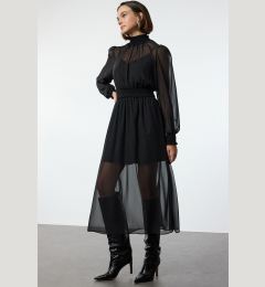 Снимка на Trendyol Black Plain Waist Opening Gathered Stand Collar Midi Chiffon Lined Woven Dress