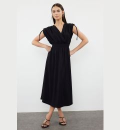 Снимка на Trendyol Black Plain Zero Sleeve Double Breasted Skater/Waist Opening Gathered Flexible Midi Dress Knit