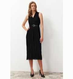 Снимка на Trendyol Black Pleated Double Breasted Collar Chiffon Lined Midi Woven Dress