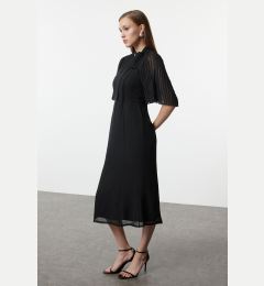 Снимка на Trendyol Black Pleated Sleeve Tied Collar A-Line Lined Midi Chiffon Woven Winter Dress