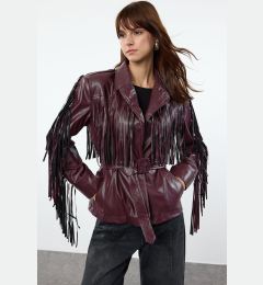 Снимка на Trendyol Black Regular Fit Belted Tassel Detailed Faux Leather Coat