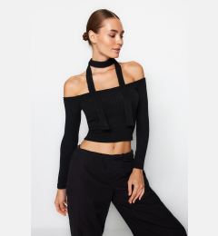 Снимка на Trendyol Black Ribbed Carmen Collar Shawl Detail Fitted/Situated Crop Stretch Knitted Blouse