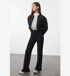 Снимка на Trendyol Black Ribbed Detail High Waist Flare/Flare Leg Trousers