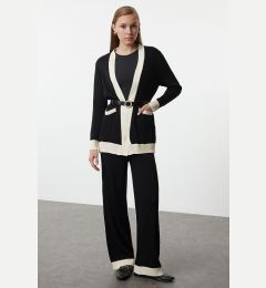 Снимка на Trendyol Black Ribbed Knitted Sweater Cardigan Trousers Top-Bottom Set