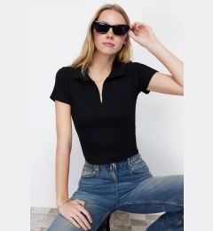 Снимка на Trendyol Black Ribbed Stitching Detailed Polo Neck Crop Stretchy Knitted Blouse