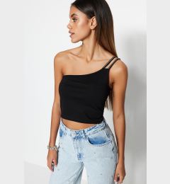 Снимка на Trendyol Black Shiny Stone Detailed Knitted Blouse with One-Shoulder Strap, Fitted Crop