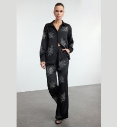 Снимка на Trendyol Black Shiny Stone Printed Satin Woven Trousers