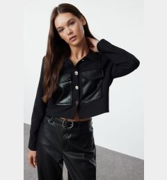 Снимка на Trendyol Black Shirt Collar Lined Leather Detailed Short/Crop Jacket