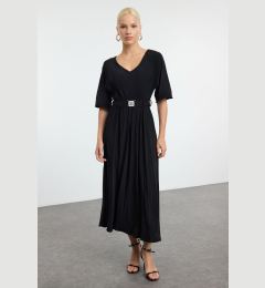 Снимка на Trendyol Black Skater Belted Three Quarter Sleeve Maxi Stretch Knit Dress