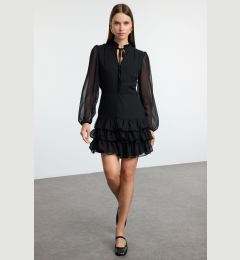 Снимка на Trendyol Black Skirt Opening at Waist Stand Collar Chiffon Lined Woven Winter Dress