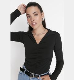 Снимка на Trendyol Black Slim Gathered Polo Neck Stretchy Knitted Blouse