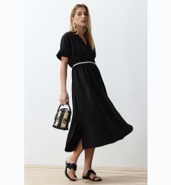 Снимка на Trendyol Black Straight A-line Double Breasted Collar Balloon Sleeve Belt Detailed Lily Maxi Woven Dress