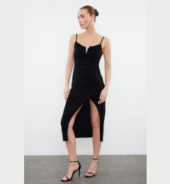 Снимка на Trendyol Black Strap Slit Gathered Cutout V-Neck Detailed Flexible Knitted Midi Pencil Dress