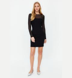 Снимка на Trendyol Black Striped, Fitted, Tulle Collared Woven Mini Dress