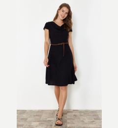 Снимка на Trendyol Black Textured Belt Detailed Degaje Collar Flexible Skater/Waist-Opening Midi Knitted Dress