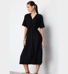 Снимка на Trendyol Black Tie Detailed A-line V-neck Midi Woven Dress