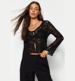 Снимка на Trendyol Black V-Neck Button Detailed Lace Knitted Blouse