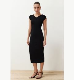 Снимка на Trendyol Black V-Neck Moon Sleeve Fitted Ribbed Flexible Knitted Knitted Midi Pencil Dress