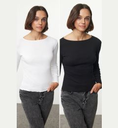 Снимка на Trendyol Black-White Double Pack Slim/Fitting Regular Baby Overlock Detailed Knitted Blouse