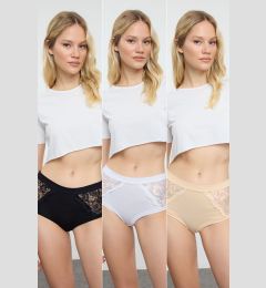 Снимка на Trendyol Black-White-Skin 3-Pack Cotton Lace Detail Hipster Knitted Panties