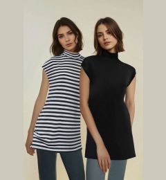 Снимка на Trendyol Black-White Striped 2-Pack Stand Collar Sleeveless Undershirt Lining Tunic