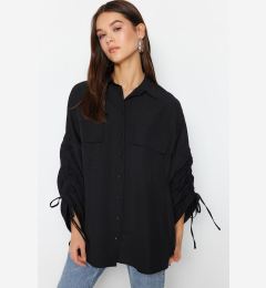 Снимка на Trendyol Black Woven Cotton Shirt with Adjustable Gathering Detail on Sleeves