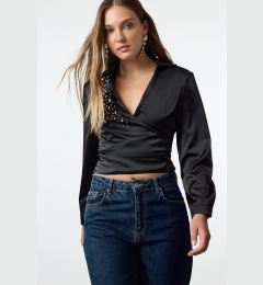 Снимка на Trendyol Black Woven Double Breasted Shiny Stone Satin Shirt