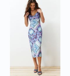 Снимка на Trendyol Blue Adjustable Strap Printed A Cut/Bell Shape Flexible Knitted Midi Pencil Dress