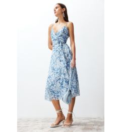 Снимка на Trendyol Blue Animal Patterned Flounced Skirt Chiffon Lined Midi Woven Dress