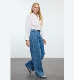 Снимка на Trendyol Blue Belt Detailed Pleated High Waist Wide Leg Jeans