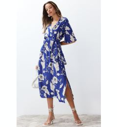 Снимка на Trendyol Blue Belted Floral Print A-line Double-breasted Collar Midi Woven Dress