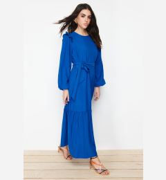 Снимка на Trendyol Blue Belted Viscose Blended Woven Dress with Ruffled Shoulder Skirt Flounce Lined