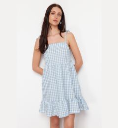 Снимка на Trendyol Blue Checked Straight Cut Ruffle Mini Woven Dress