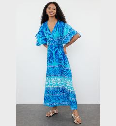 Снимка на Trendyol Blue Ethnic Belted Patterned A-Line Double Breasted Collar Woven Dress